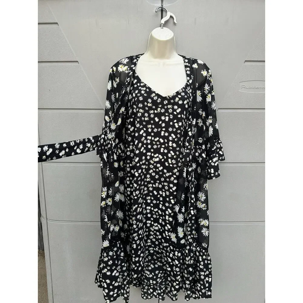 CAbi Daisy Print 2 Piece Chiffon Dress/Duster Wrap Black & White Sz L COTTAGE - Picture 4 of 16